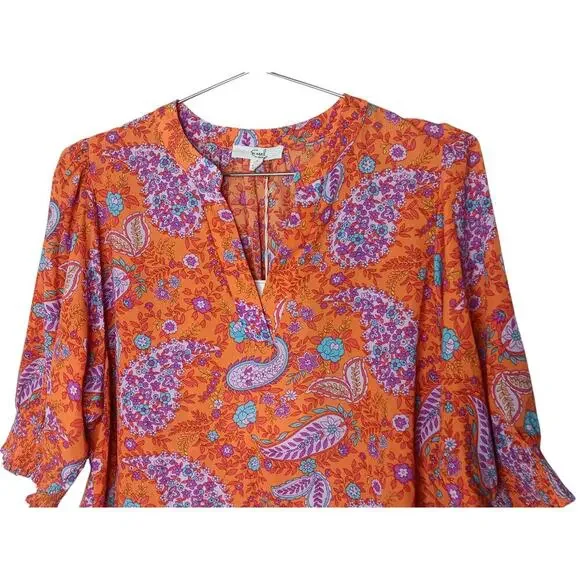 New Easel Boho Floral Paisley Blouse Orange Pink Blue Top 3/4 SleeveSize Small - Picture 5 of 10